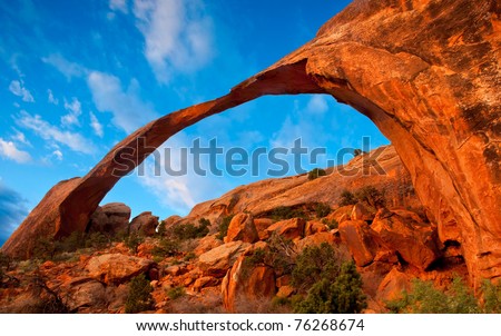 The longest arch on the planet - the Landscape Arch in Arches National Park, Utah. Royalty-Free Stock Photo #76268674