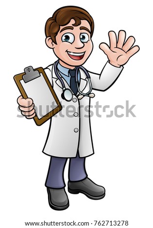 A doctor cartoon character holding a clip board and waving