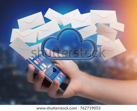View of a Blue cloud surrounded by realistic envelope email displayed on a futuristic interface - 3d rendering