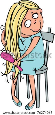 A girl combs her long hair