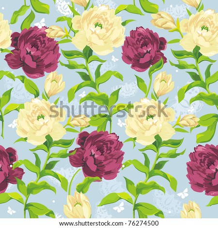 Beautiful Seamless color peony pattern on blue background, vector illustration with butterfly