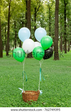 balloons tied to a basket. trash on the lawn. basket with balloons. balloons


