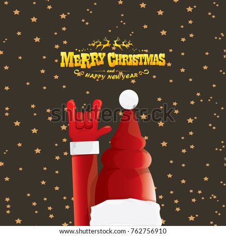 vector cartoon rock n roll Santa Claus with golden calligraphic greeting text  on night starry  background. Merry Christmas Rock n roll party poster design or greeting card.