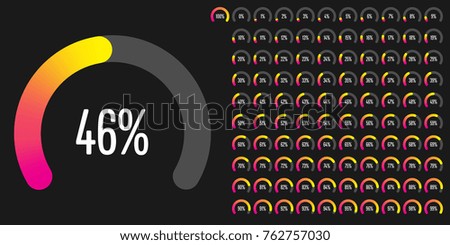 Set of circular sector percentage diagrams from 0 to 100 ready-to-use for web design, user interface (UI) or infographic - indicator with gradient from magenta (hot pink) to yellow