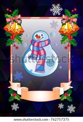 Holiday christmas card with funny snowman on  a colorful mosaic background. Copy space. Can be used as a greeting ecard for social networks. Vector clip art.