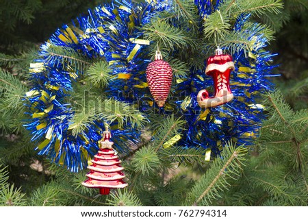Christmas toys on a Christmas tree