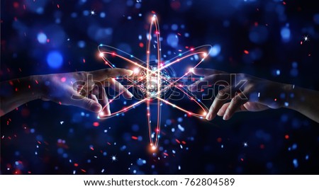 Hands touching science and network connection and data exchanges on glitter bright lights colorful  background Royalty-Free Stock Photo #762804589