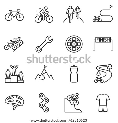 Bicycle riding icon set. cycling linear design. Bike and attributes. Line with editable stroke