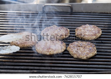 Grilled meat / pork burgers, grill, smoke and light aroma - Cooking grill burgers process