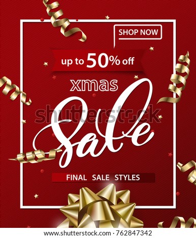 Merry Christmas and Happy New Year pattern of sales banners with Christmas bow with decorations on a red background. Sale concept. Vector illustration.