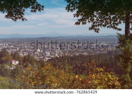 Portland, Oregon as seen from a high elevation, the Pittock Mansion grounds in the west hills.