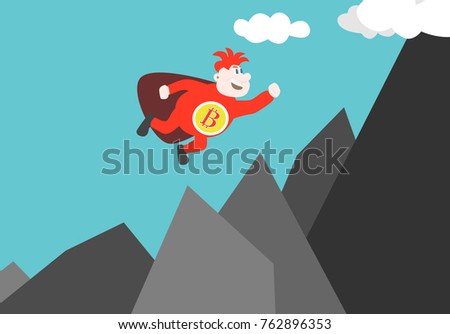 Fattened Bitcoinman soars higher and higher. Cartoon Simulation of Stock Bitcoin Graphics.  Vector image. 