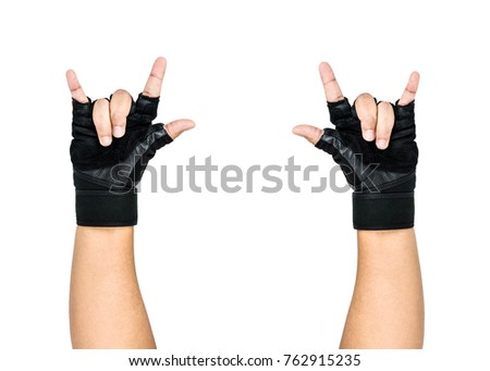 Man Wearing Black Fitness Gloves, Workout Gloves, Gestures I Love You man hands sign, Healthy Concept Isolated on white background.