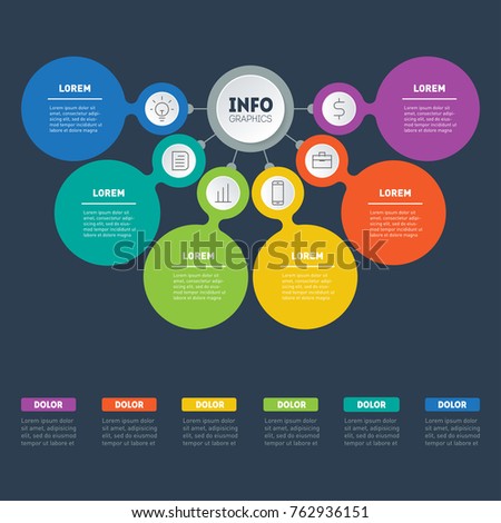 Business presentation or infographics concept with 6 options.Web Template of a info chart or diagram. Vector infographic template of technology or education process with 6 parts on dark background