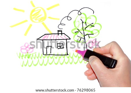 Hand drawing the house on a green grass near to a green tree under the sun isolated on white background