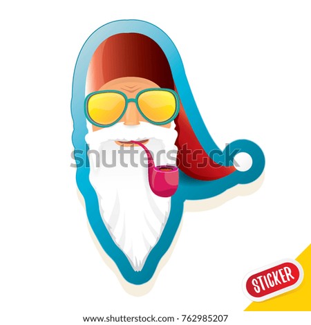 vector bad rock n roll dj santa claus sticker or labelwith smoking pipe, funky beard isolated on white background . Christmas party hipster poster background design template.