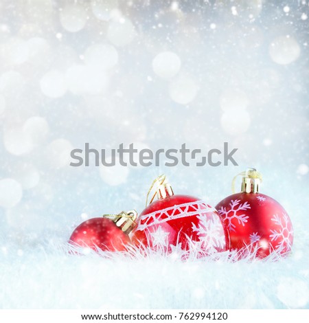 Christmas decoration. Christmas Card - Baubles With Bow On Snow 