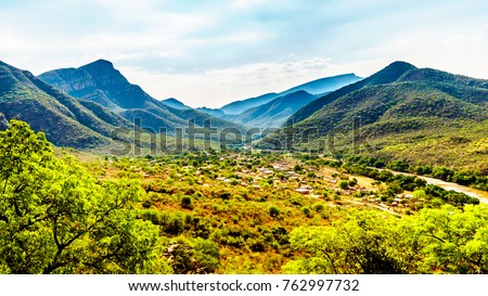 View of the Valley of the Elephant with the village of Twenyane along the Olifant River in Mpumalanga Province in northern South Africa Royalty-Free Stock Photo #762997732