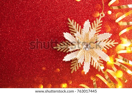 Christmas ornaments on defocused lights. Decorations Bokeh Red Gold