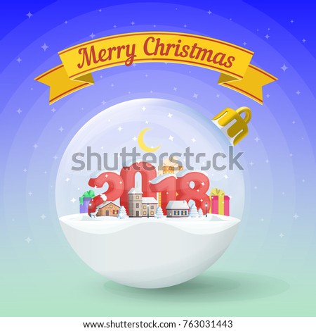 Merry Christmas and Happy New Year 2018. Realistic christmas glass ball. Greeting card. Flat 3d numbers and objects. Festive ribbon. vector illustration. Greeting card and advertising design template.