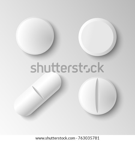 Set of four different vector realistic white pills isolated on grey background Royalty-Free Stock Photo #763035781