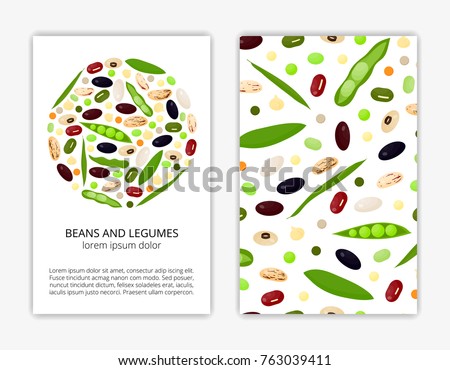 Card templates with cartoon colorful beans and legumes. Used clipping mask.