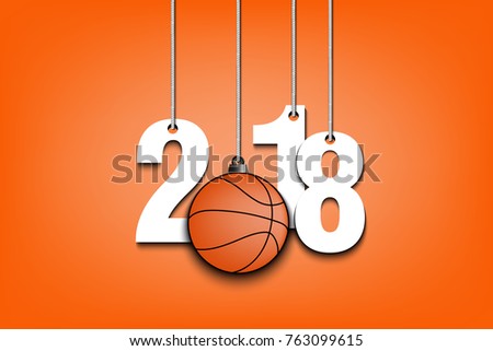 New Year numbers 2018 and basketball as a Christmas decorations hanging on strings. Vector illustration
