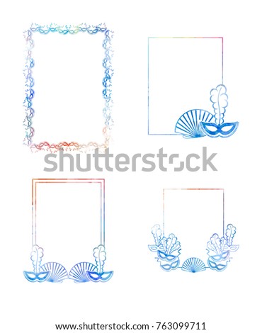 Set of beautiful color silhouette frames with carnival masks. Low poly textured. Copy space. Vector clip art.