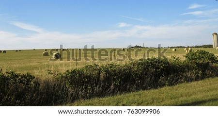 farm field with haystacks and blue sky