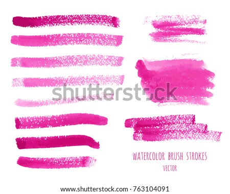 Vector set of magenta, pink, rose watercolor hand painting brush stroke textures. Collection of grunge stains, splash, stripes, geometric horizontal lines, design elements. Makeup frame background. 