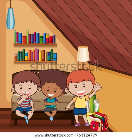 Three happy kids in bedroom illustration