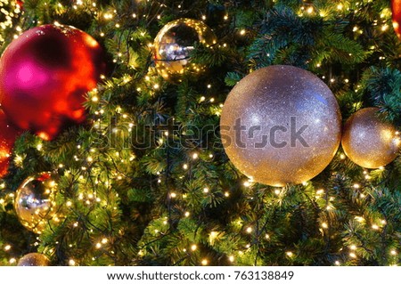 Christmas tree, decoration ball, bauble, and bokeh background