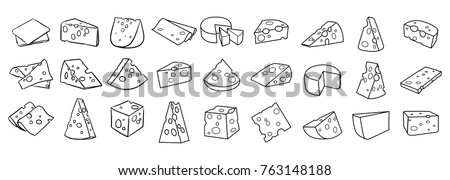 Cheese isolated on a white background, Hand drawn cheese outline vector illustration. Cheese sketch, doodle collection, Set of cheese icons Royalty-Free Stock Photo #763148188