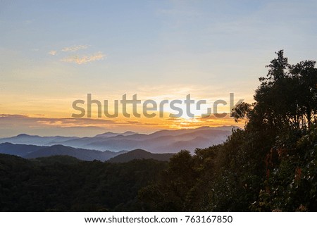 The landscape photo, beautiful  fog in morning time. Summer sunrise. Fog cover trees in the foreground and curly clouds mountains in the background. Travel and vacation concept. Beautiful scenery.
