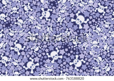 Seamless pattern. Skulls, bones and five-pointed stars. Five colors.
