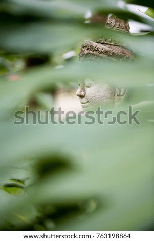 Ancient Buddha statue, closeup. In a quiet and comfortable natural environment 