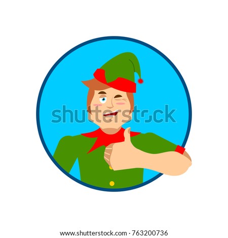 Elf Santa helper thumbs up and winks emoji. New Year and Christmas vector illustration
