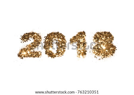 Figures 2018 of golden glitter on white background, symbol of New Year.