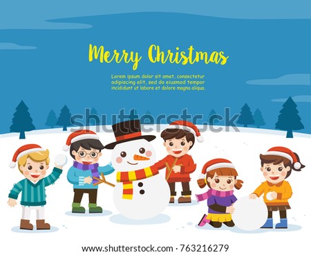 Happy new year and merry Christmas with Adorable Kids, snowman. Kids making snowman in the field. Winter holidays. Happy Friend Together. Template for advertising brochure.