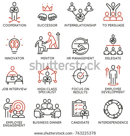 Vector set of linear icons related to business process, relationship and human resource management. Mono line pictograms and infographics design elements Royalty-Free Stock Photo #763225378
