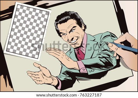Stock illustration. People in retro style pop art and vintage advertising. Businessman and metrosexual claps his hands.