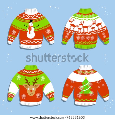 christmas sweater with tree, deer, snowman - cartoon illustration