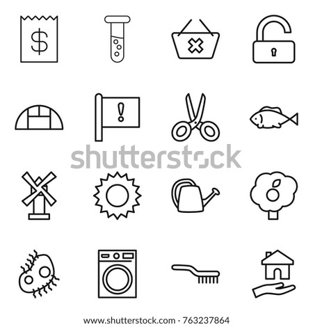 Thin line icon set : receipt, vial, delete cart, unlock, greenhouse, important flag, scissors, fish, windmill, sun, watering can, garden, microb, washing machine, brush, housing