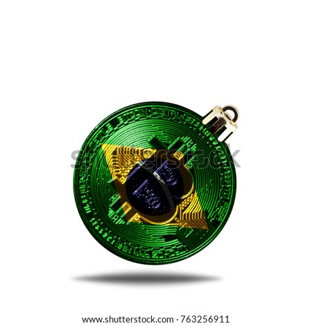 flag of Brazil. Christmas tree decoration in the form of a New Year's ball with a picture of bitcoin, isolated on white background.