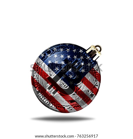 flag of america. Christmas tree decoration in the form of a New Year's ball with a picture of bitcoin, isolated on white background.