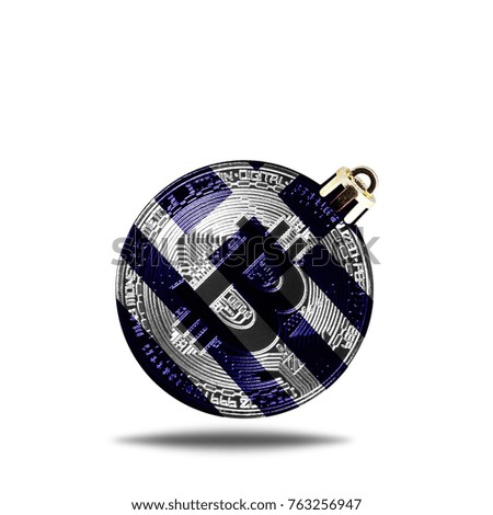 flag of Greece. Christmas tree decoration in the form of a New Year's ball with a picture of bitcoin, isolated on white background.