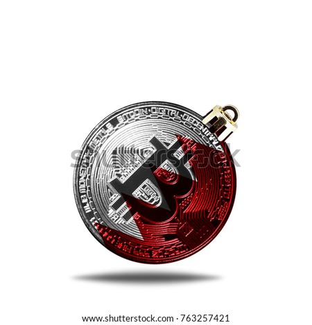 flag of Bahrain. Christmas tree decoration in the form of a New Year's ball with a picture of bitcoin, isolated on white background.