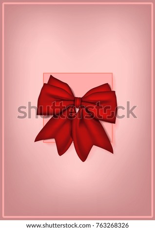 Postcard design mock up with red bow on pink box . Vector realistic bow. Vector illustration  for your design. 