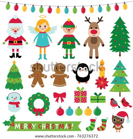 Christmas decoration and characters (Santa, elf, angel, reindeer), vector set