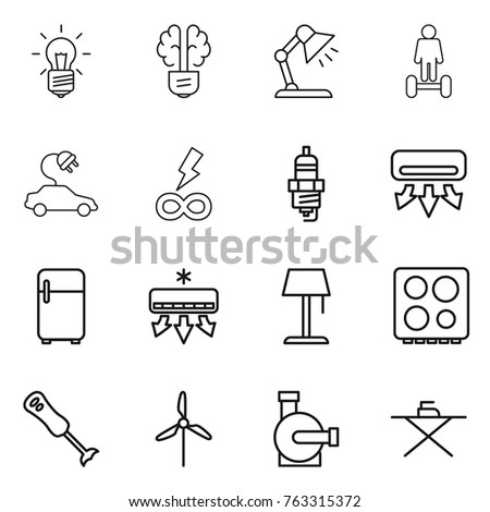 Thin line icon set : bulb, brain, table lamp, hoverboard, electric car, infinity power, spark plug, air conditioning, fridge, floor, hob, blender, windmill, water pump, iron board